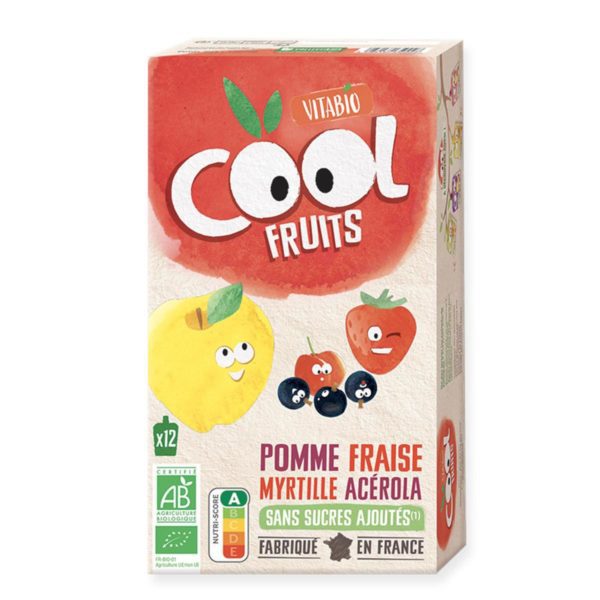 VITABIO maroc - POMME FRAISE MYRTILLE ACEROLA 4X90G DIVERSIFICATION ALIMENTAIRE. IDEE CADEAU BEBE. GOUTER. Livraison gratuite et partout au Maroc. Magasin BIO POUR BEBES. FRAIS DE PORT GRATUITS